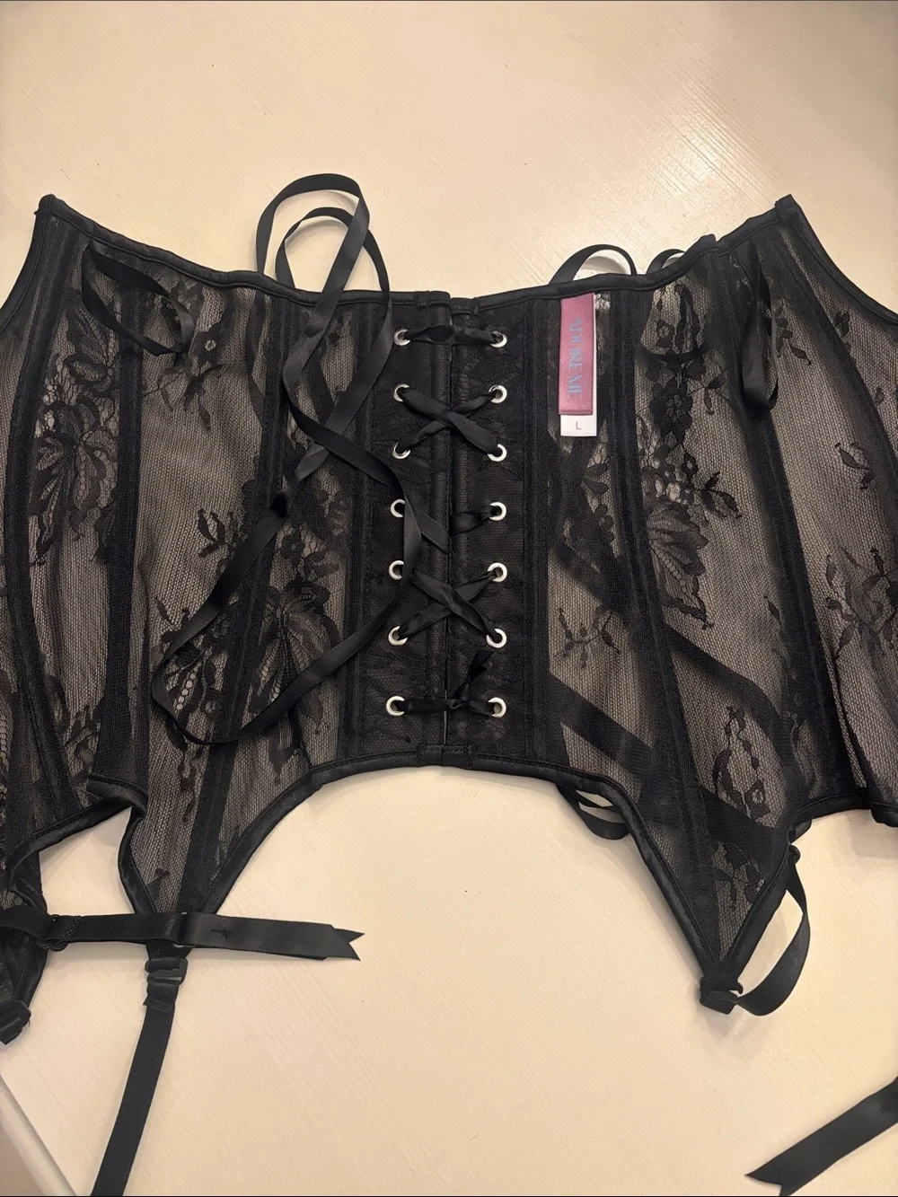 Adore Me Black Lace-Up Floral Mesh Corset